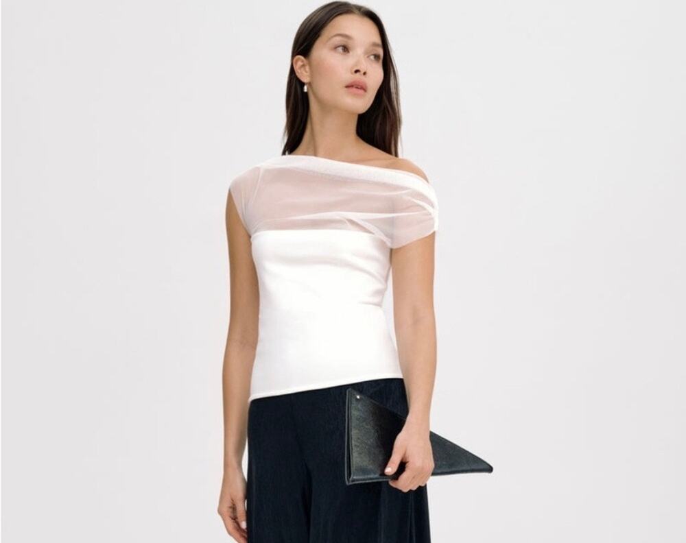 Marcella NYC Cabrini Top White Mesh Draped Off Shoulder Blouse Sz M NWOT
